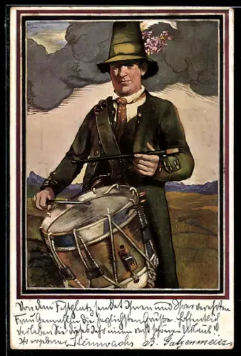 Künstler-AK München, Deutsches Bundesschiessen 1906, Trommler mit hohem Hut