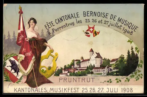 AK Pruntrut, Kantonales Musikfest 1908, Blick in den Ort, Wappen