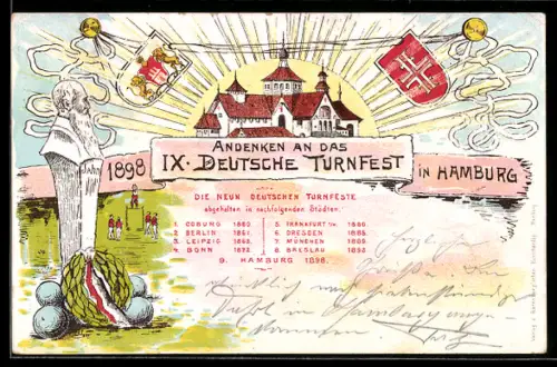 Lithographie Hamburg, IX. Deutsches Turnfest 1898, Wappen, Turnvater Jahn-Büste, Turner