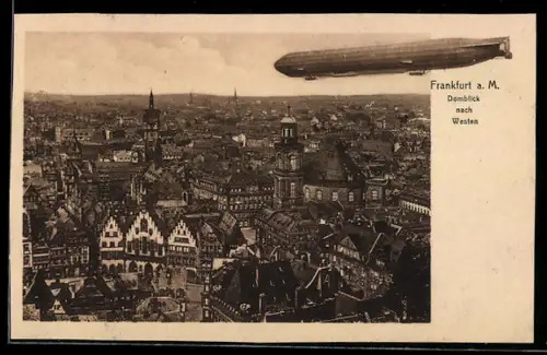 AK Frankfurt a. M., Zeppelin mit Domblick nach Westen