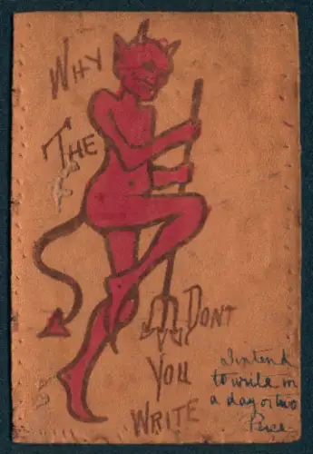 Leder-AK Teufel mit Dreizack, Why the devil dont you write?