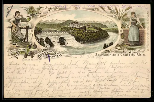 Vorläufer-Lithographie Rheinfall, 1894, Panorama und Trachten aus Schaffhausen und Zürich