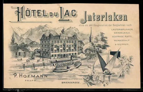 Lithographie Interlaken, Hôtel du Lac, Aussenansicht mit Dampfschiffstation