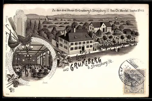 Lithographie Grüneberg bei Strassburg, Gasthaus zu den drei Ähren, Bes. Ch. Mentel, Vogelschau auf das Etablissement