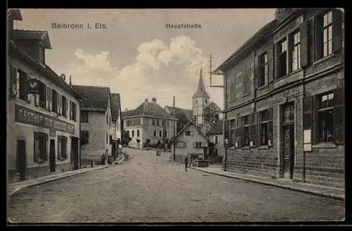 AK Balbronn i. Els., Partie an der Hauptstrasse mit Gasthof zum Weissen Hahn und Kirche