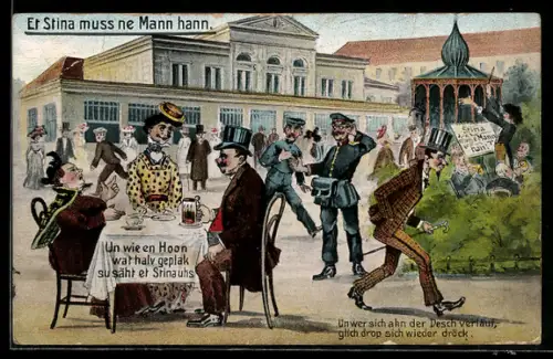 AK Köln, Et Stina muss ne Mann hann, Lied von Willi Ostermann u. Emil Palm, Leute im Biergarten vor dem Musikpavillon