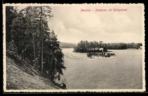 AK Niedersee mit Königsinsel und Dampfer