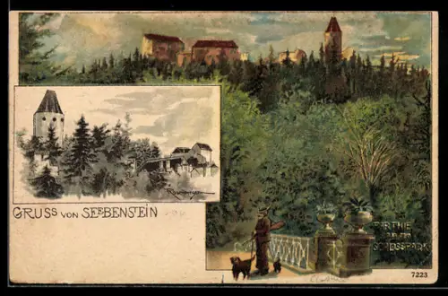 Lithographie Seebenstein, Partie aus dem Schlosspark mit Jäger und Hund
