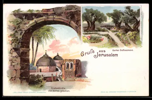 Lithographie Jerusalem, Garten Gethsemane, Grabeskirche von hinten gesehen