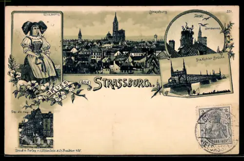 Lithographie Strasbourg / Strassburg, Altes Haus, Kehler Brücke, Storchennest