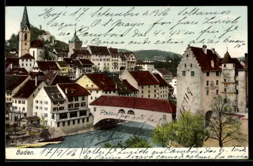 AK Baden, Ortsansicht mit Landvogteischloss und gedeckter Brücke