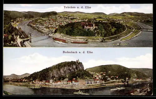 AK Tetschen-Bodenbach / Decin, Totalansichten, Dampfer