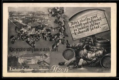 AK Plzen / Pilsen, Brauereianlage, Betrunkener schläft zwischen den Fässern