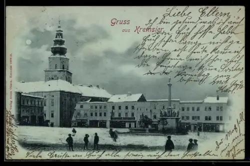 Mondschein-AK Kremsier, Platz im Schnee bei Vollmond