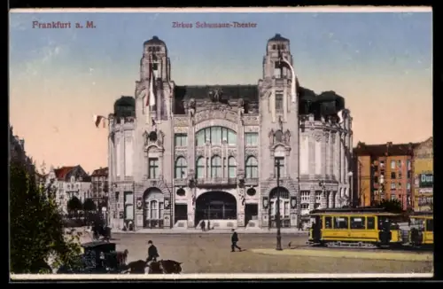 AK Frankfurt / Main, Strassenbahn vor dem Zirkus Schumann Theater