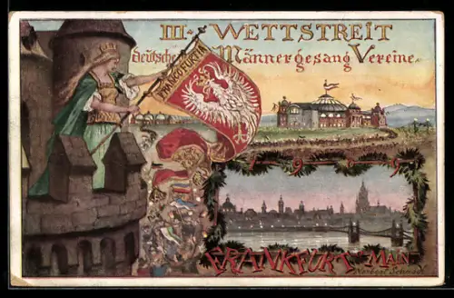 Künstler-AK Frankfurt a. Main, III. Wettstreit deutscher Männergesangsvereine, Festhalle, Uferpartie