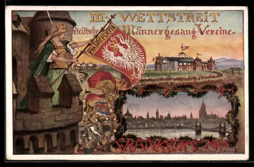 Künstler-AK Frankfurt a. Main, III. Wettstreit deutscher Männergesangsvereine, Festhalle, Uferpartie