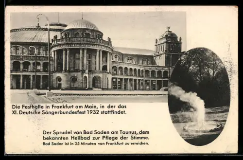 AK Frankfurt a. M., Festhalle Sängerbundesfest 1932, Sprudel in Bad Soden