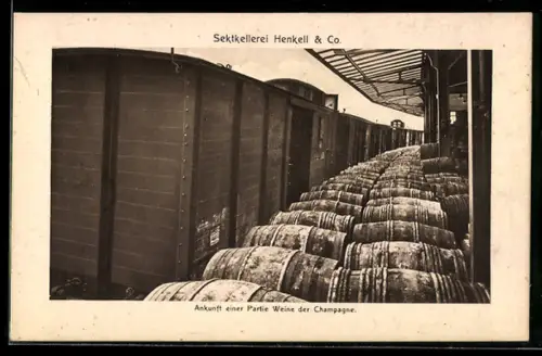 AK Wiesbaden-Biebrich, Sektkellerei Henkell & Co., Ankunft einer Partie Weinfässer