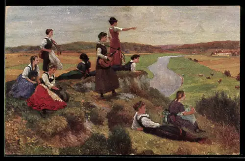 AK Wandervögel mit Instrumenten rasten im Freien