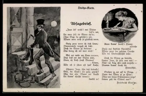 AK Absagebrief, Jean leb` wohl! mei Vatter..., Friedrich Stoltze, Mann vor der Haustür