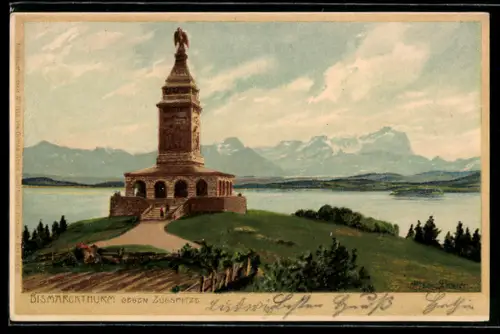 Künstler-Lithographie Zeno Diemer: Starnberg, Bismarckturm gegen Zugspitze