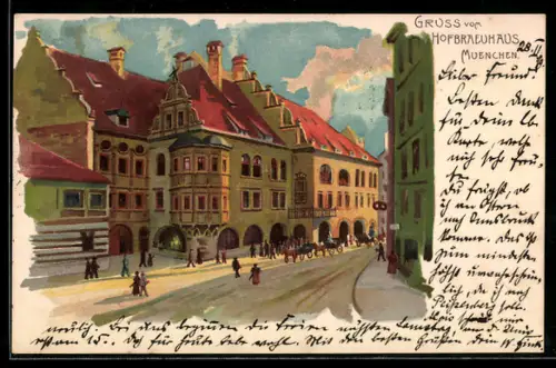 Künstler-AK München, Leute vor dem Münchner Hofbräuhaus