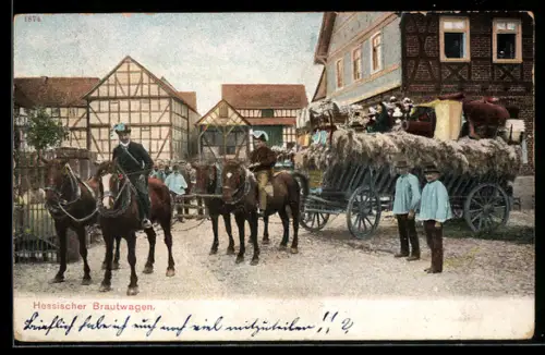 AK Hessischer Brautwagen zieht durch das Dorf, hessische Tracht
