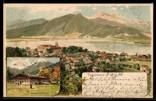 Künstler-AK Tegernsee, Bauer in der Au und Generalansicht