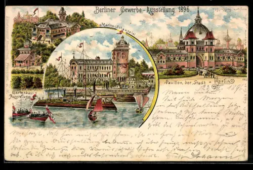 Lithographie Berlin, Berliner-Gewerbe-Ausstellung 1896, Pavillon der Stadt Berlin, Gartenbau-Ausstellung