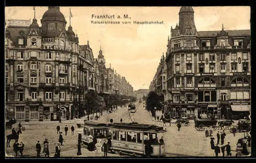 AK Frankfurt a. M., Kaiserstrasse vom Hauptbahnhof mit Strassenbahn