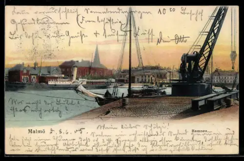 AK Malmö, Hamnen, Kran im Hafen, Raddampfer, Segelschiff
