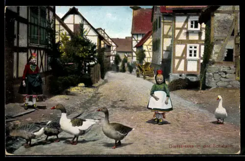 AK Schwalm, Hessische Trachten, Kinder mit Gänsen auf der Dorfstrasse
