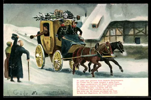 AK Postkutsche fährt durch einen verschneiten Ort