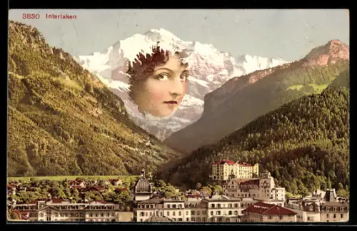 AK Interlaken, Teilansicht mit der Jungfrau, Berg mit Gesicht / Berggesichter