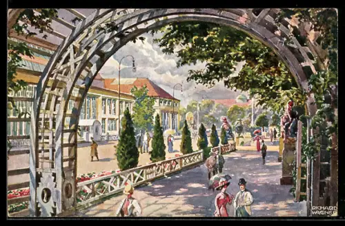 AK München, Bayrische Gewerbeschau 1912, Durchblick am Laubengang