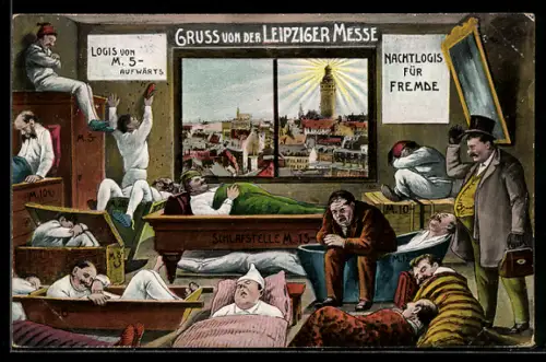 AK überfülltes Zimmer zur Leipziger Messe, Wohnungsnot