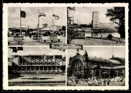 AK Frankfurt / Main, Internationale Frankfurter Messe 1958, Flughafen, Bahnhof, Palmengarten, Friedensbrücke