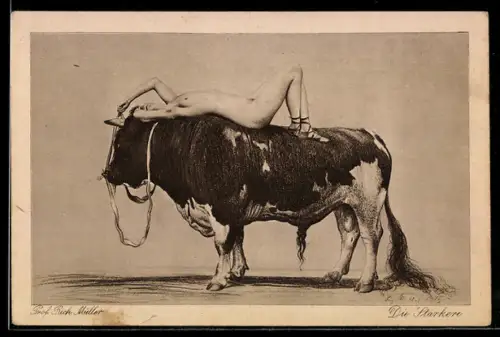 Künstler-AK Richard Müller: Die Stärkere, nackte Frau liegt auf einem Bullen, Jugendstil