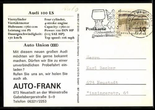 AK Auto Audi 100 LS, Heckansicht, Reklame