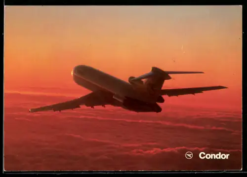 AK Boeing 727-230, Europa-Jet des deutschen Condor Flugdienst über den Wolken im Abendrot