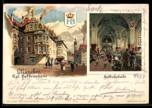 Lithographie München, Kgl. Hofbräuhaus, Hofbräuhalle