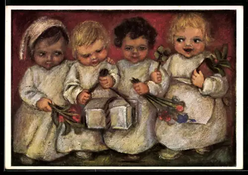 Künstler-AK Maria Spötl: Wir gratulieren, Kinder mit Geschenken