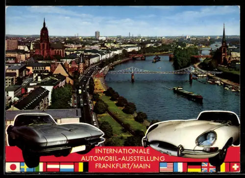 AK Frankfurt a. M., Automesse Automechanika, Mainufer mit Dom, Sportwagen Jaguar E-Type & Corvette