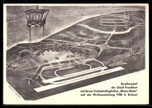 Künstler-AK Filipowsky: Brüssel, Weltausstellung 1958, Modell der Stadt Frankfurt mit Verkehrsflughafen Rhein-Main