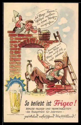 AK Maurer bei der Arbeit erfrischt sich mit Frigeo-Brause