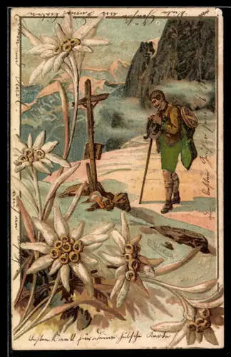 Künstler-AK E. Döcker: Bergsteiger betet an Gipfelkreuz