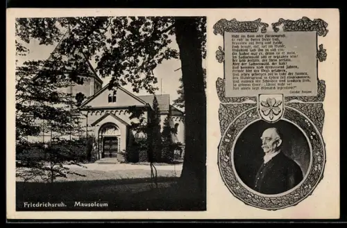 AK Friedrichsruh, Mausoleum im Sonnenschein, Porträtbild von Fürst Bismarck