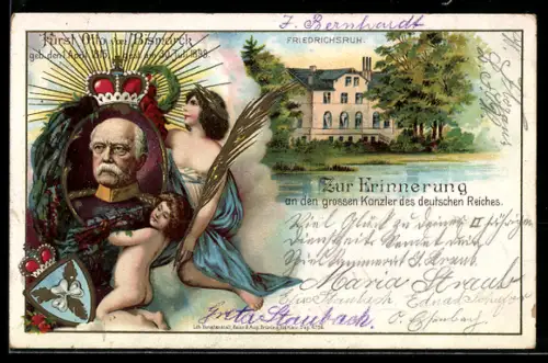 Lithographie Friedrichsruh, Fürst Otto von Bismarck, Wappen