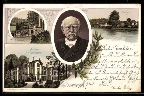 Lithographie Fürst Otto von Bismarck im Porträt, Schloss Friedrichsruh, Seepartie in Aumühle